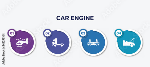 infographic element template with car engine filled icons such as helicopter side view, pickup truck side view, tram side view, hood open vector.