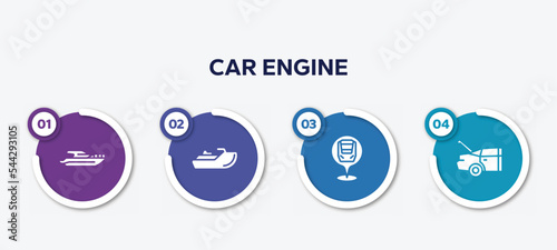 infographic element template with car engine filled icons such as yacht side view, sea scooter, checkpoint, trunk open vector.