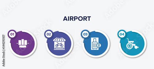 infographic element template with airport filled icons such as x-ray, bike shop, luggage locker, wheel chair vector.