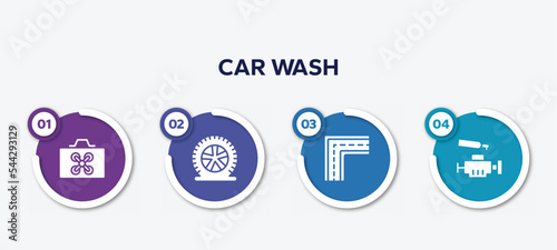 infographic element template with car wash filled icons such as drone case, flat tire, broken line, car engine vector.