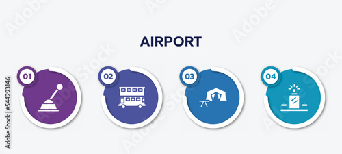 infographic element template with airport filled icons such as gearshift, double decker bus, campsite, luggage scan vector.