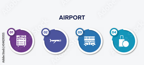 infographic element template with airport filled icons such as flight information, airplane, double decker, final call vector.