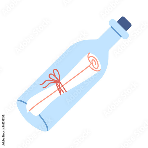 Vector bottle with a letter. Message in a bottle in flat design.
