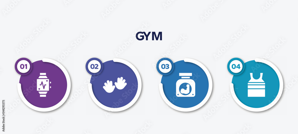 infographic element template with gym filled icons such as pulsometer, hand, protein powder, tanktop vector. infographic element template with gym filled icons such as pulsometer, hand, protein powder, tanktop vector.