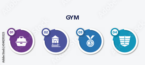 infographic element template with gym filled icons such as tackle box, stilt house, bronze, abs vector.