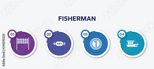 infographic element template with fisherman filled icons such as volleyball net, swiss bar, number one, fishing boat vector.