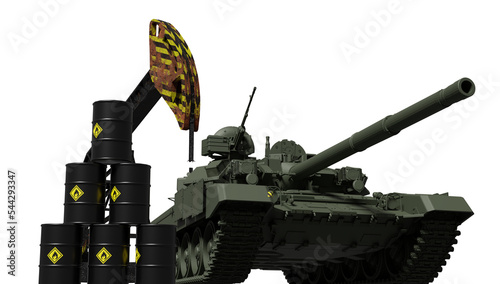 Close-up of Russian T90 tank on oil platform and oil barrels. russian concept of war russia ukraine. 3d rendering. photo