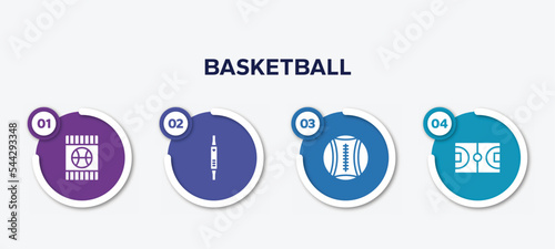 infographic element template with basketball filled icons such as blue card, fitness watch, medicine ball, basketball field vector.