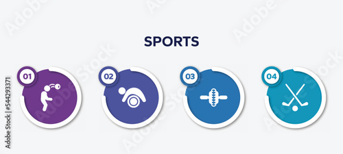 infographic element template with sports filled icons such as head hitting, pilates, electric unicycle, field hockey vector.