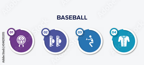 infographic element template with baseball filled icons such as zorbing, elbow pads, catcher, baseball jersey vector.