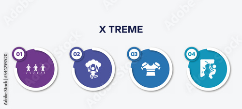 infographic element template with x treme filled icons such as football team, skydiving, armour, abseiling vector.