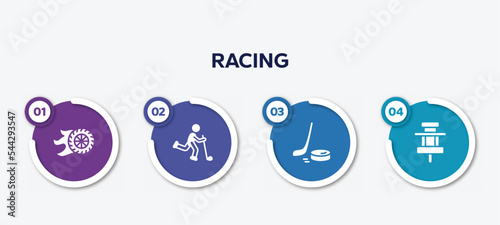 infographic element template with racing filled icons such as burnout, bowman, puck, paddock vector.