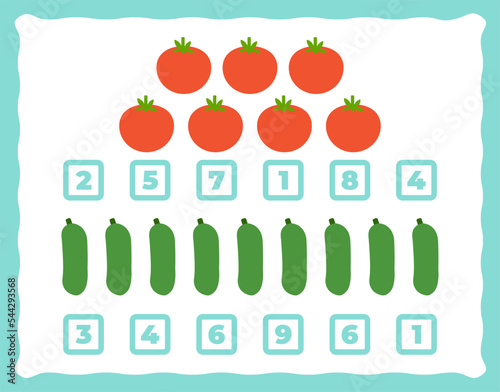 Template on colorful backdrop with vegetables: tomatos and cucumber. Game element. Kids puzzle. Vector illustration art.