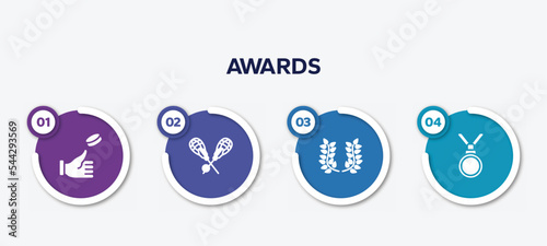 infographic element template with awards filled icons such as coin toss, lacrosse, laurel wreath, nobel prize vector.