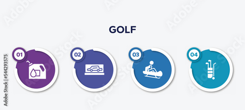 infographic element template with golf filled icons such as oil down, backup car, sledding, golf caddy vector.