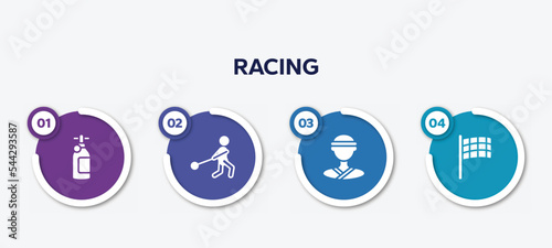 infographic element template with racing filled icons such as , hammer throwing, judoka, black flagged vector.