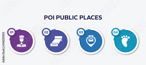 infographic element template with poi public places filled icons such as policeman figure, bed 3d view, inmigration check point, four toe footprint vector.