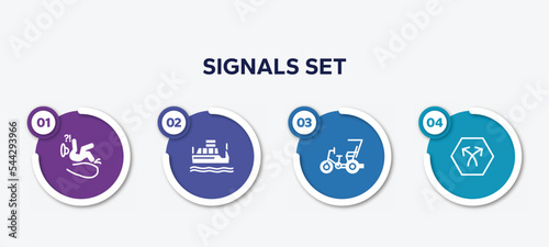 infographic element template with signals set filled icons such as slip, water taxi, cycle rickshaw, bifurcation vector.