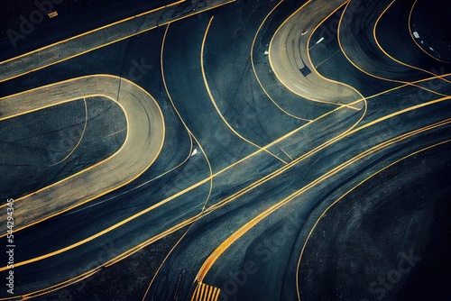 Foto Aerial view of road interchange or highway intersection with busy urban speeding traffic abstract background
