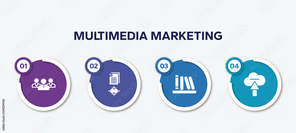 infographic element template with multimedia marketing filled icons such as businessmen, sharing archives, calibre, upload to cloud vector. infographic element template with multimedia marketing filled icons such as businessmen, sharing archives, calibre, upload to cloud vector.