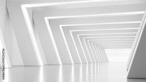 Fototapeta Naklejka Na Ścianę i Meble -  White futuristic tunnel with lights. Modern style abstract 3d rendered background.