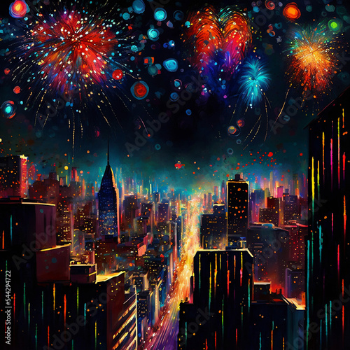 Feuerwerk über einer Stadt, made by AI, künstliche Intelligenz