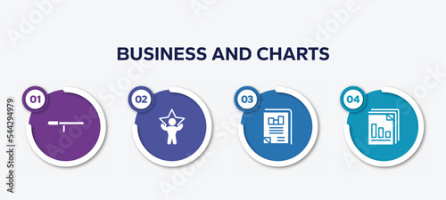 infographic element template with business and charts filled icons such as baton stick, superior, business journal, diagram files vector.