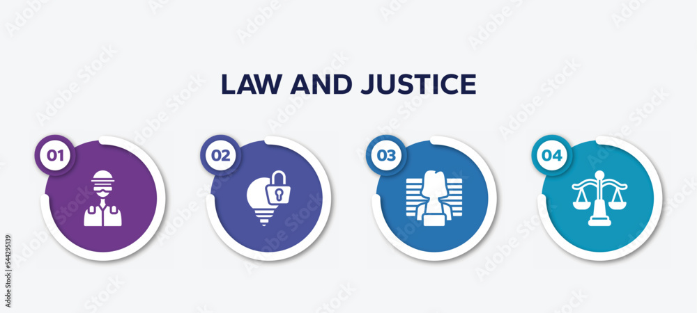 infographic element template with law and justice filled icons such as , intellectual property, prisoner, law balance vector. infographic element template with law and justice filled icons such as , intellectual property, prisoner, law balance vector.