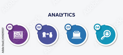 infographic element template with analytics filled icons such as graphical report, weight loss, ppc, headhunting vector.