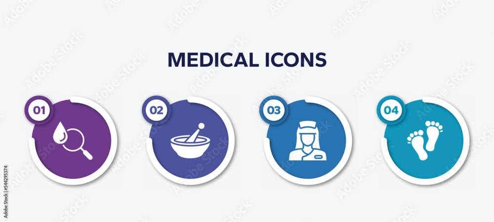 infographic element template with medical icons filled icons such as blood analysis, phary, nurse, human feet shape vector.