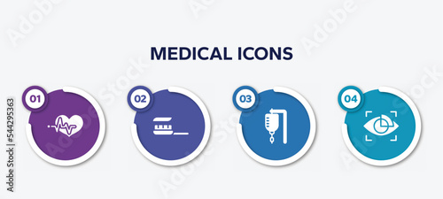 infographic element template with medical icons filled icons such as heart beats lifeline in a heart, brush with tooth paste, hospital drip bag, eye scanner medical vector.