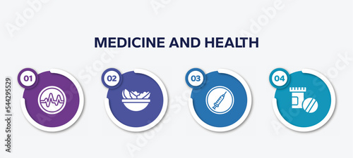 infographic element template with medicine and health filled icons such as lifeline of heartbeat in a circle, vegetarian diet, drug abuse, phareutical drugs vector.