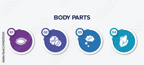 infographic element template with body parts filled icons such as eye with lashes, medicines time, zzz sleep, muscular arm vector.