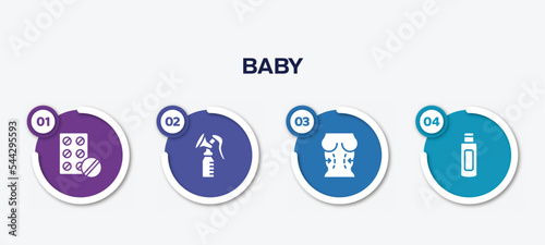 infographic element template with baby filled icons such as antibiotic, breast pump, plastic surgery, body oil vector.