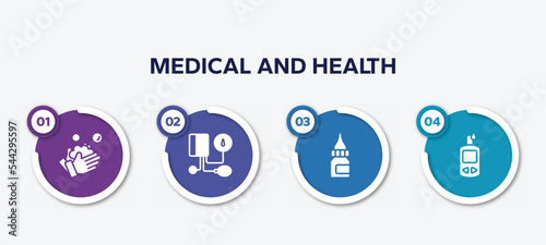 infographic element template with medical and health filled icons such as washing hand, tonometer, drop medicine, glucometer vector.