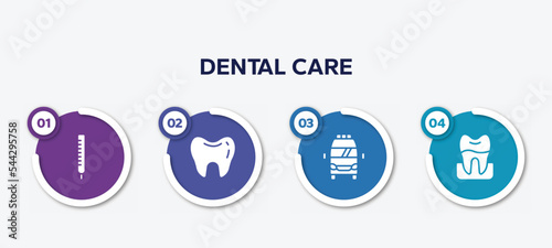 infographic element template with dental care filled icons such as thermometer reading temperature, teeth black shape, frontal ambulance, premolar vector.
