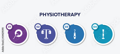 infographic element template with physiotherapy filled icons such as insemination, iv pole, periodontal scaler, prosthesis vector.