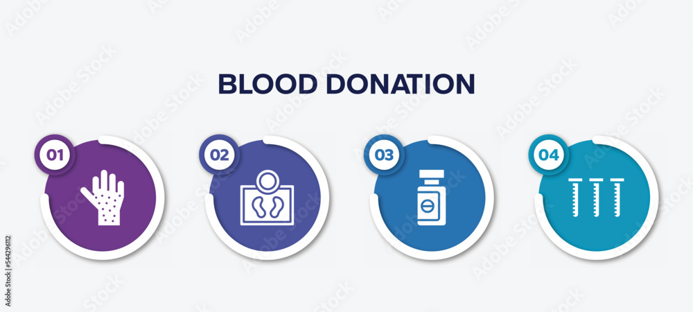 infographic element template with blood donation filled icons such as rash, body weight, sleeping pills, blood sample vector.