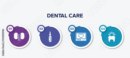infographic element template with dental care filled icons such as kidney, ampoule, heart rate monitor, toothache vector.