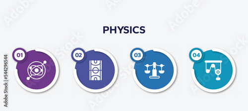 infographic element template with physics filled icons such as gyroscope, basketball court, libra, pulley vector.