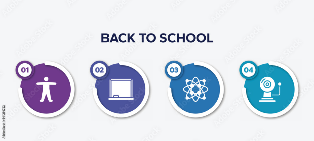 infographic element template with back to school filled icons such as anatomy, drawing board, protons, alarm bell vector.