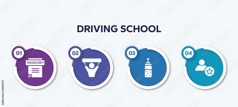 infographic element template with driving school filled icons such as transcript, fans, feeder, novice vector.