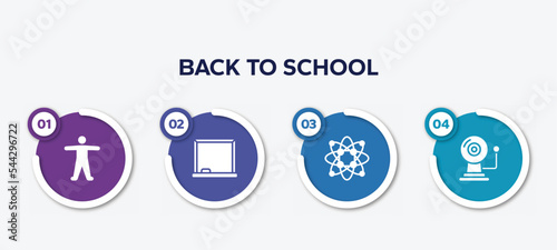 infographic element template with back to school filled icons such as anatomy, drawing board, protons, alarm bell vector.