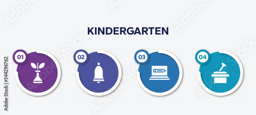 infographic element template with kindergarten filled icons such as biological, school alarm, online education, sandbox vector.