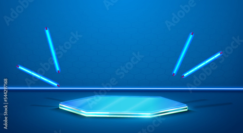 Futuristic neon blue hexagonal empty podium on a blue background. Layout for your product presentation.  Hi-tech platform  or podium for electronic product display presentation template. Vector
