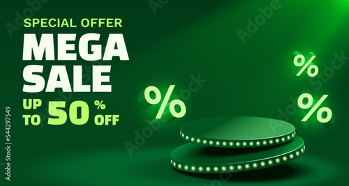 Podium percentage, flyer event product. sale off banner. Vector