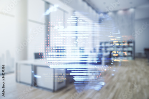Double exposure of abstract creative programming illustration and world map on a modern furnished office interior background, big data and blockchain concept