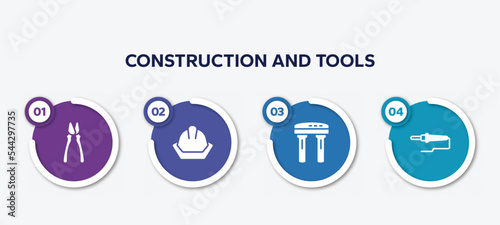 infographic element template with construction and tools filled icons such as clamps, head protection, water filter, soldering vector.