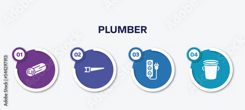 infographic element template with plumber filled icons such as woods, hacksaw, extension cord, water bucket vector.
