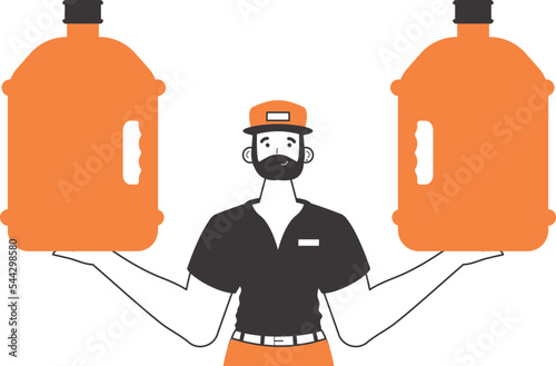 Water delivery concept. A man holds a bottle of water in his hands. Linear style.